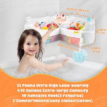 MUMUQ 3 Compartments Bath Toy Storage Corner Bath Toy Holder for Bathtub, Kids Tub Toys Organizer with Adhesive Hooks, Quick-Drying Machine-Washable Mesh Bathroom Organizer for Tidy Bathtub