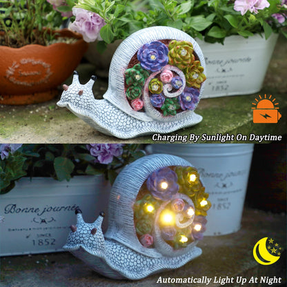 FORUP Snail Garden Statue, Resin Snail Figurine Garden Lawn Ornaments with Solar LED Lights for Outdoor Yard Garden Decorations
