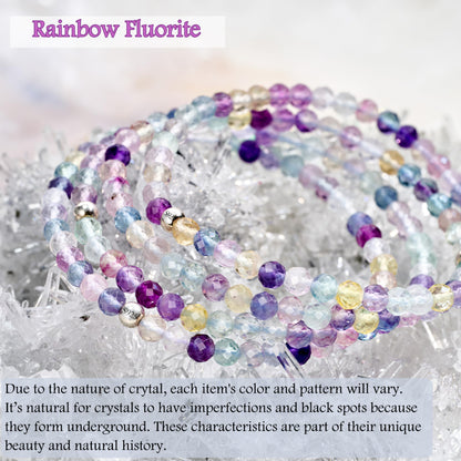 Farfume Rainbow Fluorite - Concentration - Beaded Bracelets for Women,Handmade Natural Stone 4mm Beads 925 Sterling Silver Stretch Bracelets, Chakra Crystal Gemstone Jewelry Gifts for Mom