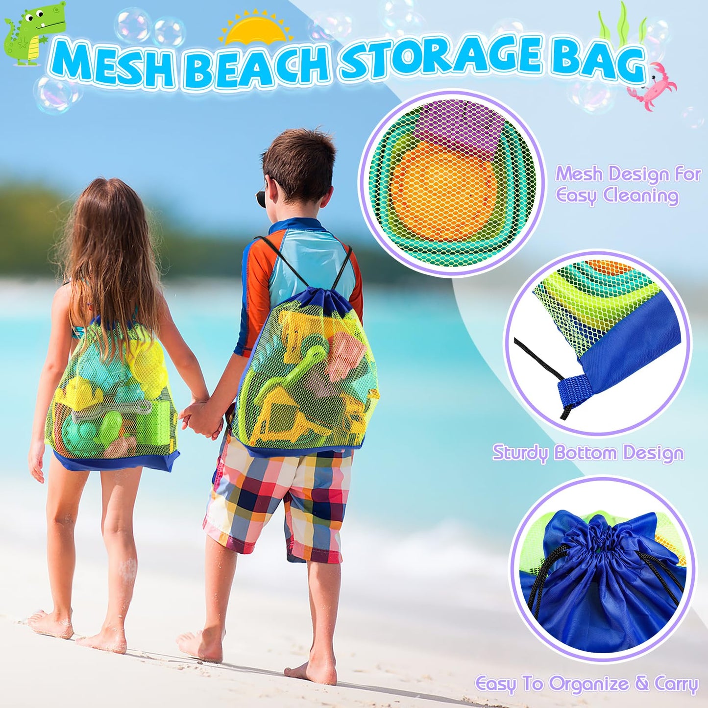 FHOZGECY Beach Toys, Sand Toys for Kids Boys and Girls with 4 Beach Construction Vehicles, 4 Collapsible Bucket, Sand Castle Building Kit, Sand Molds, Mesh Bag, Outdoor Toys for Kids Ages 4-8