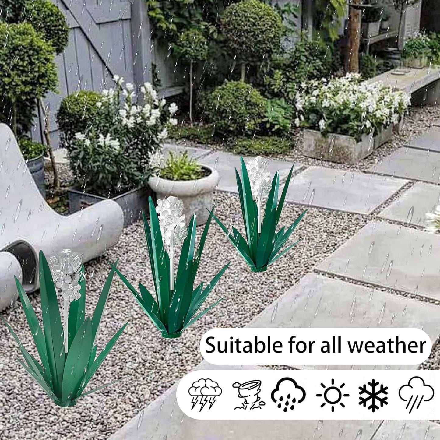 LCJECV Metal Agave Plant Garden Art, 2 Pack Tequila Rustic Sculpture, Rustic Metal Agave Plants for Yard Stakes, Garden Figurines, Outdoor Patio (2 PCS White Flowers)