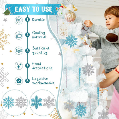 Deekin 72 Pieces Snowflake Icicle Ornaments for Christmas Tree Snowflake Twisted Icicles Glitter Hanging Decorations for Winter Xmas Tree New Year Party Supplies (Light Blue and Silver)