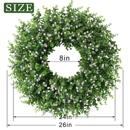 26" Artificial Eucalyptus Wreath with Baby's Breath for Front Door - Faux Eucalyptus Leaves, Fake Spring/Summer Greenery Flowers Wreath for Porch, Farmhouse, Wall, Window Outdoor Decor(White-Green)