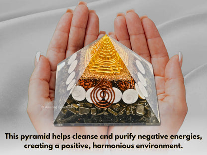 Amazing Gemstone Orgone Pyramid for Money Magnet Pyrite Crystals with Rudraksha, Gomati Chakra, Shree Yantra - Authentic Orgonite & Organite Gifts to Atrract Money Wealth Pooja, Financial Growth