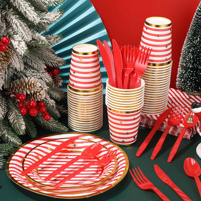 Maxcheck 350 Pcs Christmas Candy Cane Striped Party Plates Cups Napkins and Silverware Set for 50 Guests Disposable Paper Tableware Set Christmas Party Supplies and Table Decorations