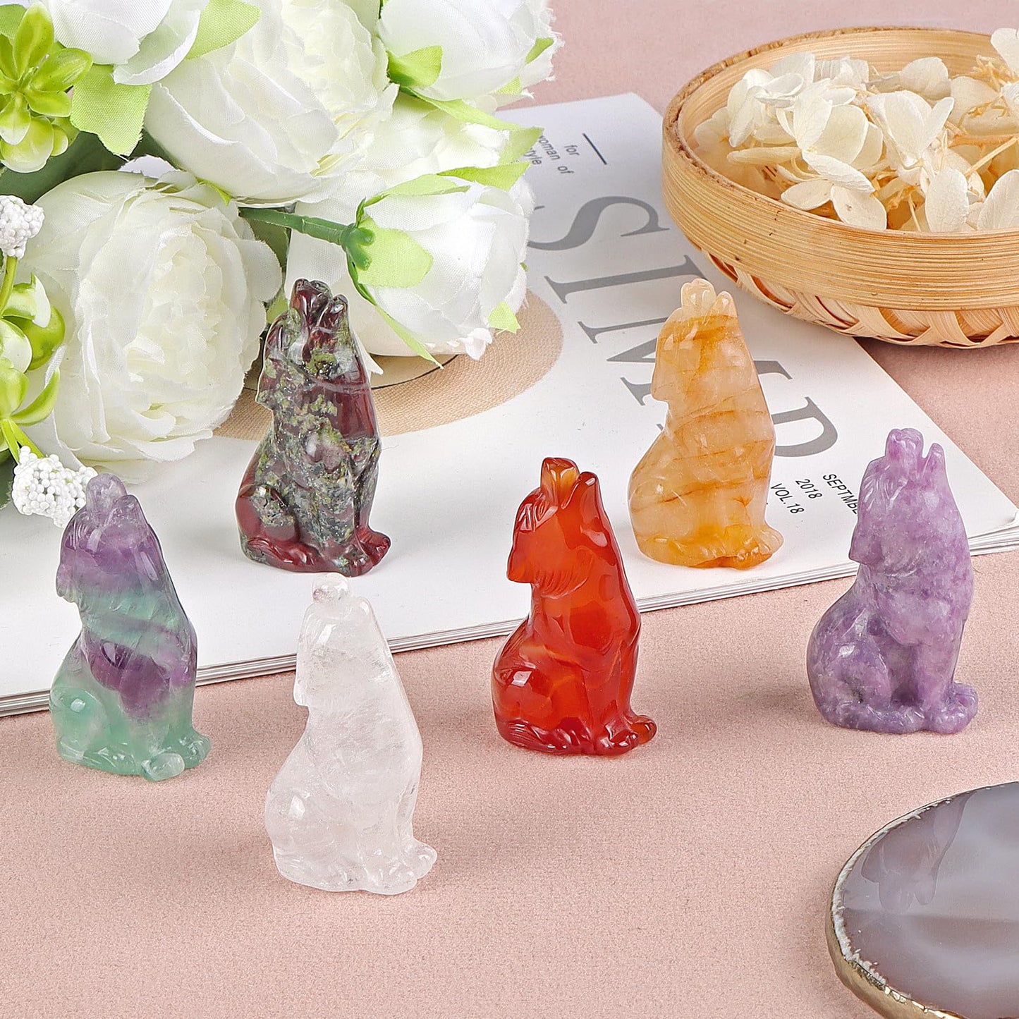 Artistone Rainbow Fluorite Head Up Wolf Statue 2" Howl Wolves Figurine Decor Ornament for Home Table Centerpiece Ornament Healing and Crystal Stone Pocket Animal Sculpture with Gift Case