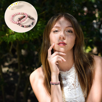 Bivei Natural Gemstone Semi Precious Crystals Handmade Stretchy Round Beads Bracelet, Enhance Positive Energy,Stocking Stuffers for Women(Rhodochrosite & Rhodonite (Love & Compassion) Medium)