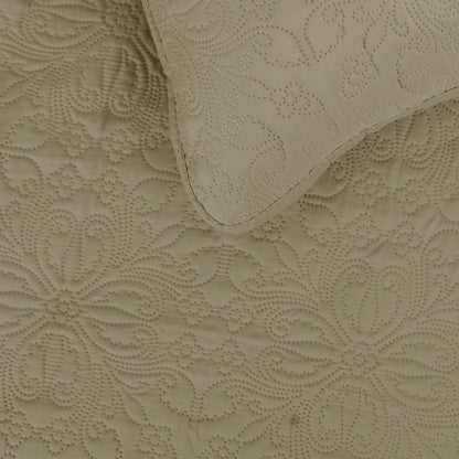 Easy-Going Full/Queen Size Reversible Quilt Set with 1 Quilt and 2 Pillow Shams, Soft Bed Quilt Cover, Water Resistant Lightweight Microfiber Bedspread, Stain Resistant, Damask-Beige/Beige