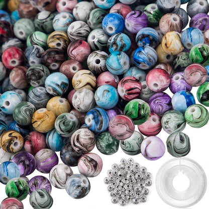 500pcs Craft Beads for Jewelry Making, for Bracelets Making, Space Acrylic Beads in Ink Patterns with 50pcs Spacer Beads and Crystal String (8mm)