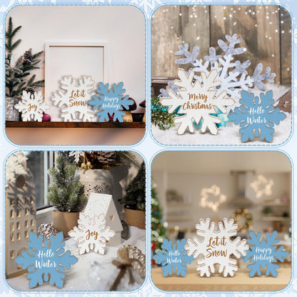 Thyle 5 Pcs Winter Wooden Snowflake Decor Rustic Winter Table Centerpiece White and Blue Wood Blocks with Heartwarming Quote Table Standing Signs for Farmhouse Fireplace Mantel Home