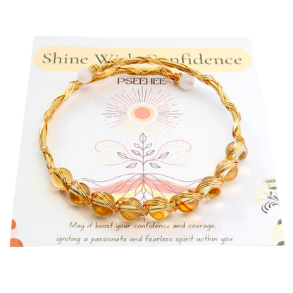 Handmade Genuine Citrine Crystal 14k Gold Filled Wire Wrapped Bracelet, Birthstone Chakra Healing Gemstone Crystal Beads Adjustable Bangle Cuff Jewelry Gift for Women
