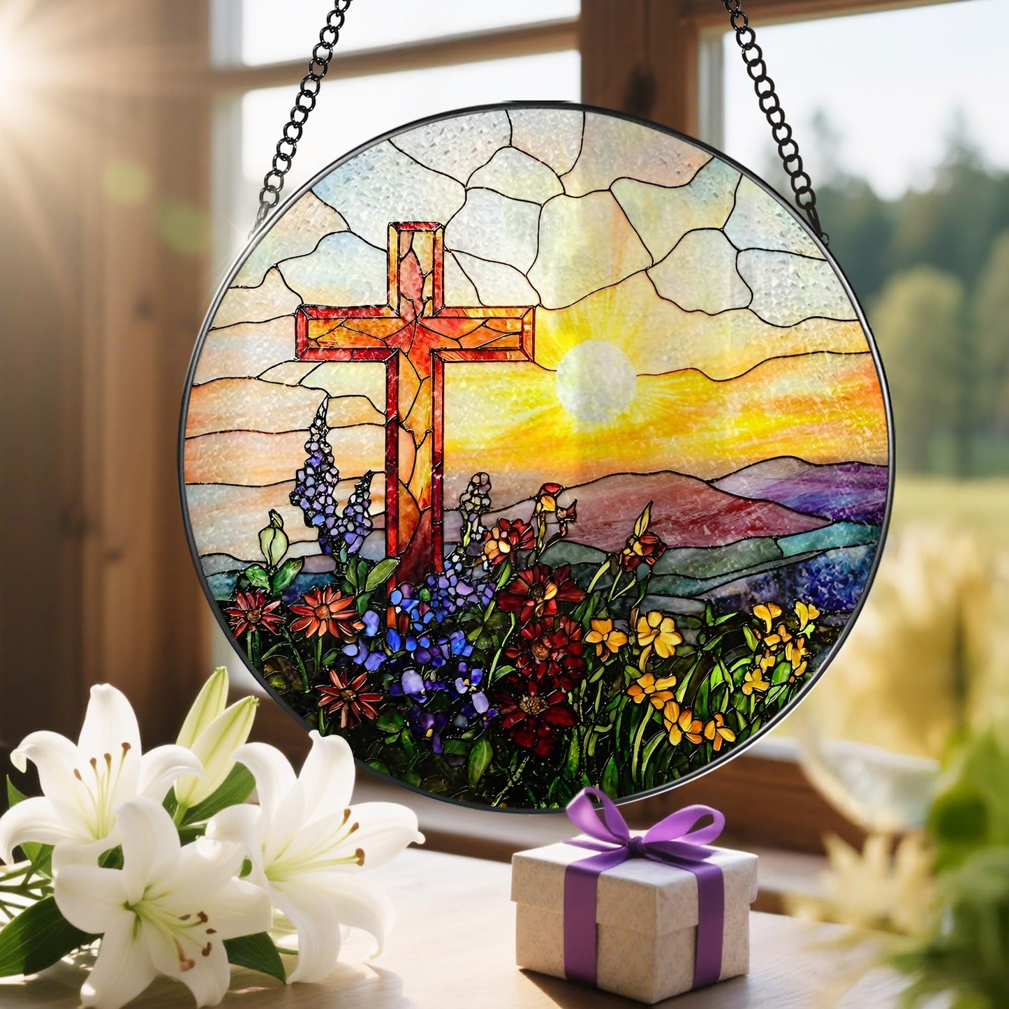 8 Inch Cross Sunset Suncatchers for Windows Hanging, Indoor Decor 8 Inch, Stained Glass Gift, Christian Gifts, Religious Gifts, Christian Cross, Christmas Jesus Gift, Window Decor