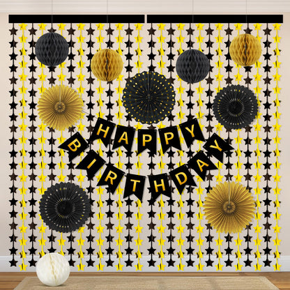 Black and Gold Party Decorations, 13Pcs Hanging Paper Fans Star Foil Curtains Happy Birthday Banner & Honeycomb Balls for Graduation Decorations 2026 and Birthday Party Supplies