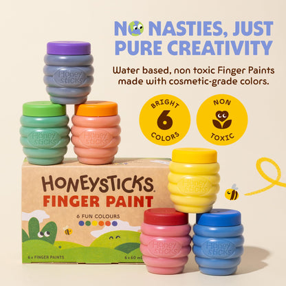 Honeysticks Non Toxic Finger Paint (6 Bright Colors), Washable from Skin, Safe Finger Painting for Toddlers, Kids Ages 1-3, 2-4, 3-5, Perfect First Paint for Little Artists Age 1+, Water Based, Eco