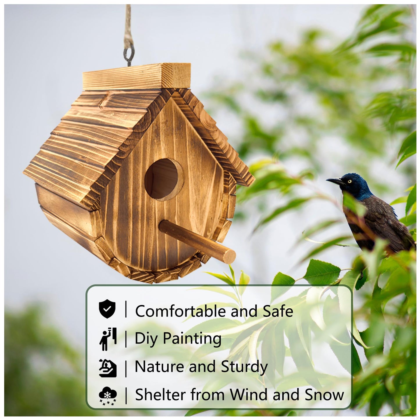 KWISAMR 1 Pack Wren Houses for Outdoors,Natural Wooden Hanging Bird House for Chickadee,Bluebird,Handmade from Natural Wood for Garden Decorations