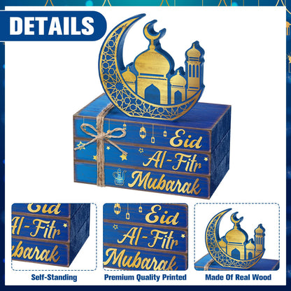 Geelin 4 Pcs Eid Mubarak Tiered Tray Decor Wooden Book Stack Signs, Blue Gold Islamic Crescent Moon Mosque Table Centerpiece for Ramadan Home Shelf Coffee Bar Mantel Decorations