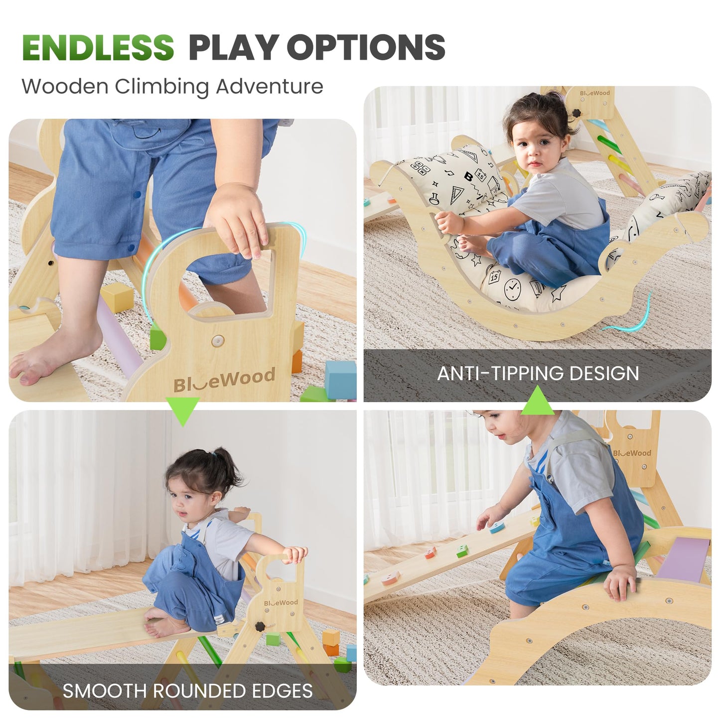 BlueWood Pikler Triangle Set with Cushion, 8-in-1 Climbing Toys for Toddlers, Montessori Philosophy Play Jungle Gym with Arch, Ramp, Ladder(Sunshine Rainbow)