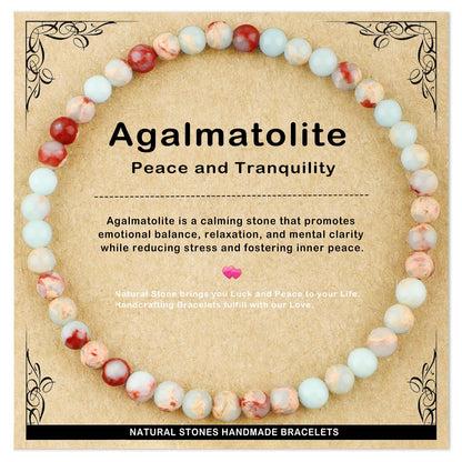AD Beads 4mm Handmade Agalmatolite Elastic Bracelet – Natural Gemstone for Peace and Tranquility – Meditation, Yoga, Healing and Energy Gift for Men Women