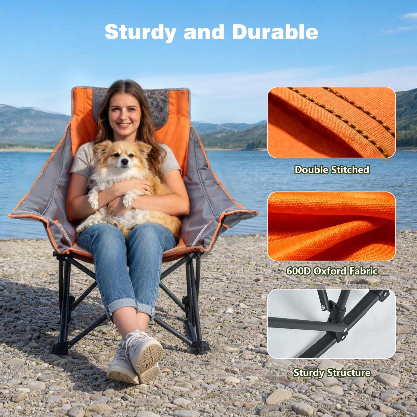 SUNNYFEEL Oversized Rocking Camping Chair, Fully Padded Patio Chair with Side Pocket, High Back Portable Lawn Recliner with Headrest, Outdoor Camp Rocker Chairs for Adults Heavy Duty 500 LBS Carry Bag