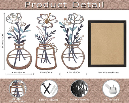 Lcaughsy Metal-Wall-Decor Living Room - 3 Pcs Metal Bathroom Wall Art Floral Vase and Picture Frame for Decoration- Hanging Display Wall Decor Art for Home Dining Room Bedroom Kitchen Farmhouse,Brown
