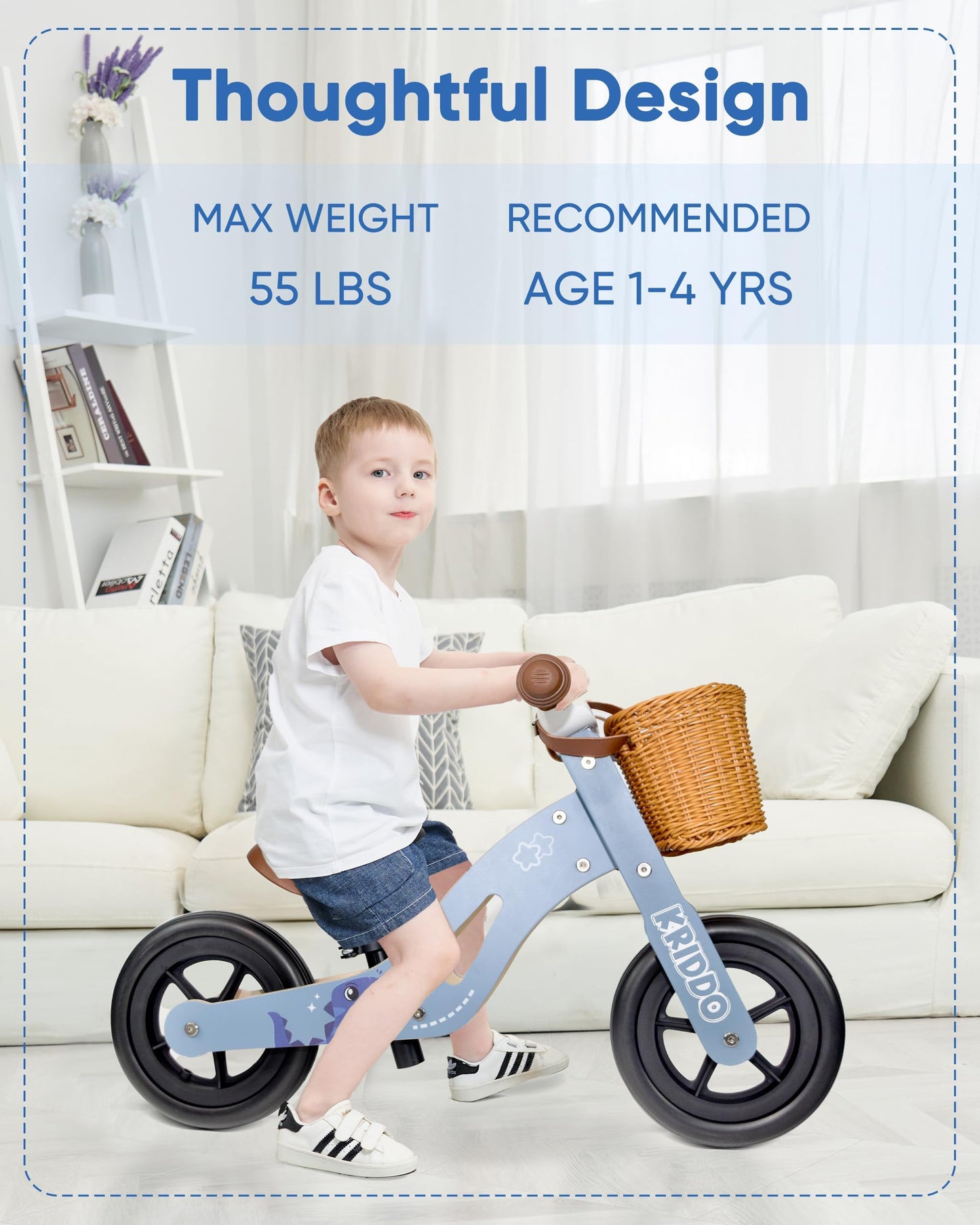 KRIDDO 2 in 1 Wooden Kids Tricycle and Balance Bike with Pattern for 1-4 Years Old, No-Pedal Tricycle and Toddler Balance Bike with Basket and Adjustable Seat, Ideal for Outdoor and Indoor, Blue
