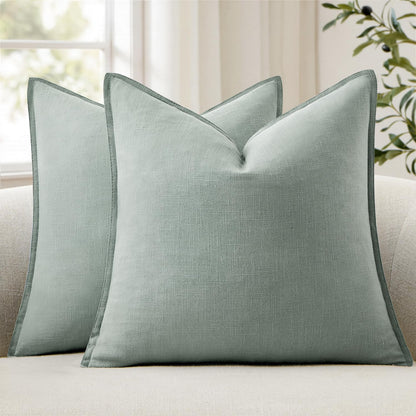 ANRODUO Pack of 2 Decorative Linen Pillow Covers Aqua Green Neutral Farmhouse Boho Soild Cushion Case Soft Accent Pillowcase for Couch Sofa Bedroom Living Room Spring Home Decor 18 x 18 Inch