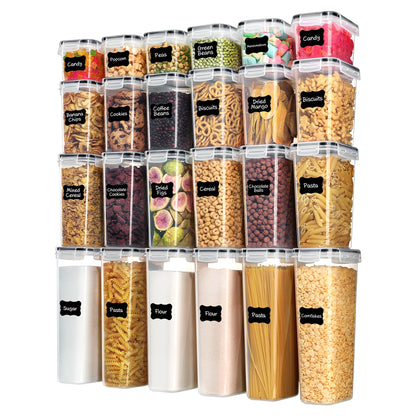 Airtight Food Storage Containers with Lids, Vtopmart 24 pcs Plastic Kitchen and Pantry Organization Canisters for Cereal, Dry Food, Flour and Sugar, BPA Free, Includes 24 Labels，Black