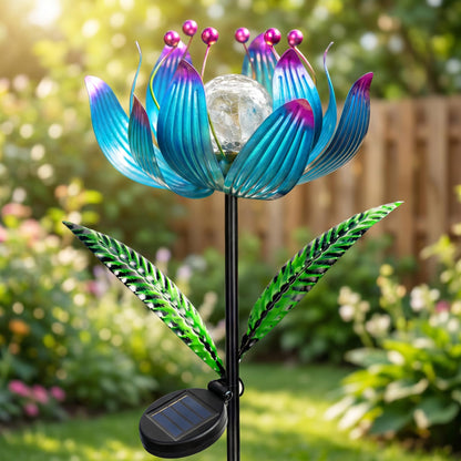 Solar Wind Spinner Outdoor Metal - Kinetic Lotus Flower Garden Sculptures & Spinners with Crackle Glass Lighting, 360° Spinning Yard Art Decor for Patio, Lawn, Pathway, Gifts for Women