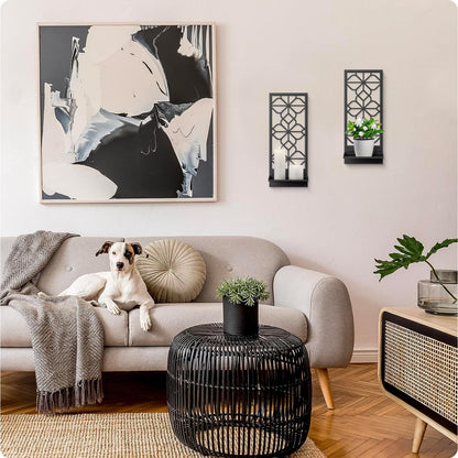 Black Metal Wall Art Decor, Minimalist Retro Line Wall Candle Holder Set of 2, for Living Room, Dining Room, Bedroom, Bathroom (16.5 x 7 in)
