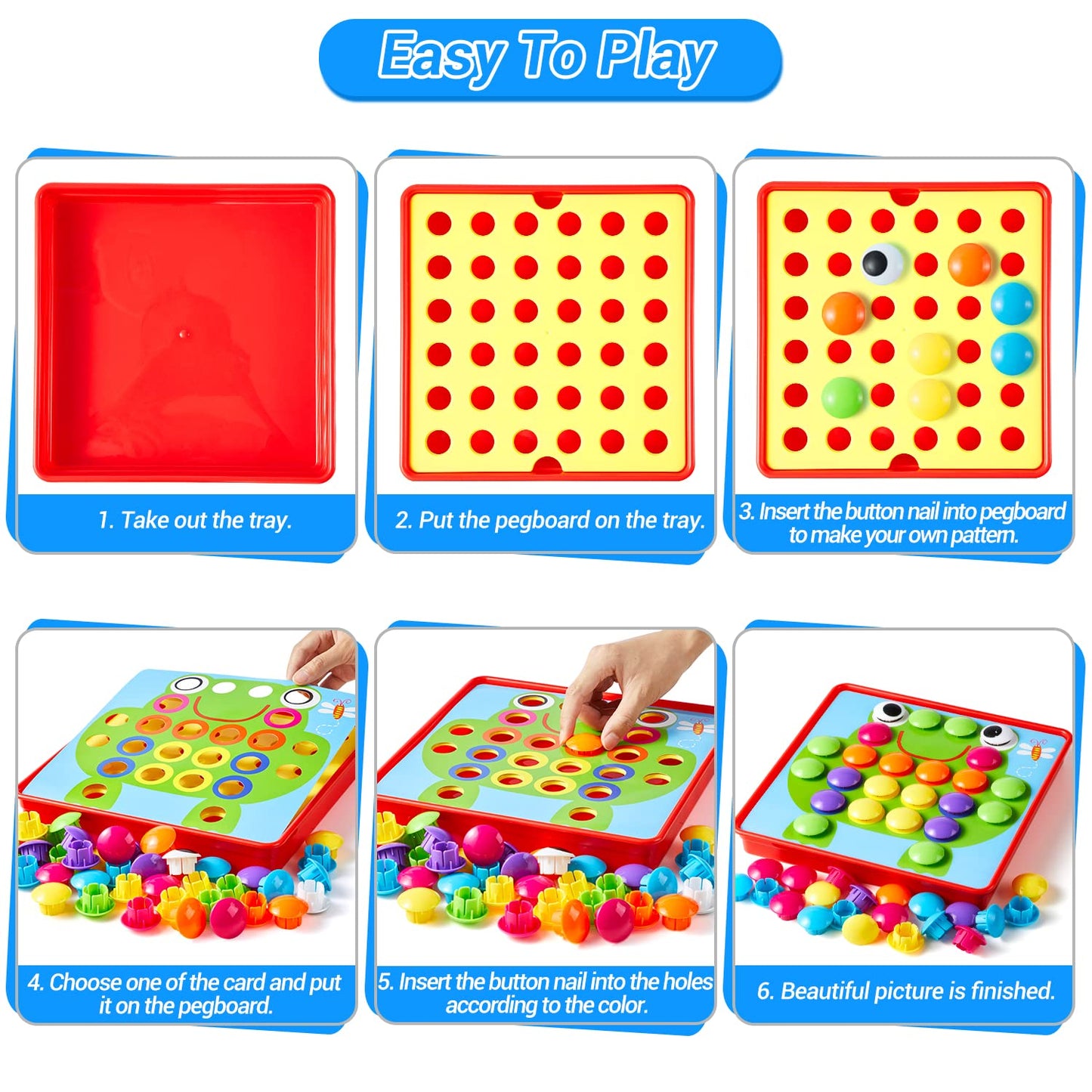 Geekper 68PCS Button Art Toys for Toddlers Color Matching Mosaic Pegboard, Early Learning Educational Toys for 3, 4, 5, 6 Year Old Kids Boys and Girls Easter Gifts, 10 Pictures and 58 Buttons
