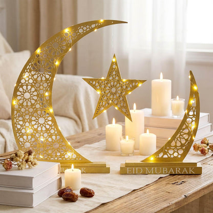 Wesiti 2 Pcs Eid Al Adha Decorations Eid Mubarak Wooden Table Decoration Islamic Gifts for Muslim Gold Crescent Lamp with Moon Star Centerpiece Light for Al Adha Decor Muslim Holiday Celebration