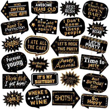Outus 24 Pieces Photo Booth Props Birthday with Stick Happy Birthday Weddings Graduation Prom Bday Wedding New Year Party Supplies Funny Photo Booth Pose Signs Selfie for Men Women(White, Gold)