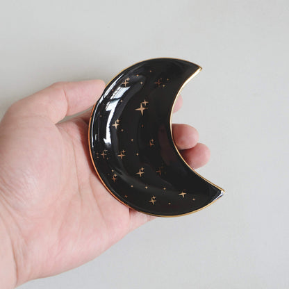 BIHOIB Small Moon Jewelry Dish Tray, Set of 2, Decorative Ceramic Trinket Dish, Modern Accent Tray for Vanity (White and Black)