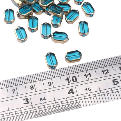 DADIFEN Glass Octagon Beads Lake Blue 6x9mm 28pcs Rectangle Golden Edge Crystal Loose Beads for DIY Craft Jewelry Making