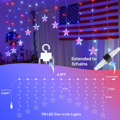 4th of July Patriotic Star Icicle Lights,red White and Blue Curtain String,11.5ft 118LED Waterproof 8 Modes with Timer Connectable Independence Day Decorations Window Lights for Outdoor Indoor