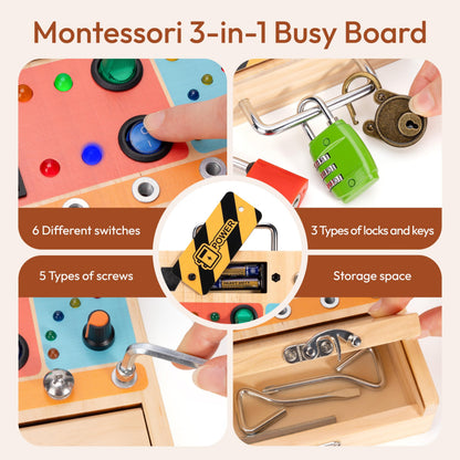 Woodtoe Montessori Toys for Toddler 3 4 5 Year Old, 3-in-1 Busy Board with LED Light Switch, Screwdriver Board Set, Lock and Key Toy, Educational Sensory Toys, Fine Motor Skill Birthday Toys for Kids