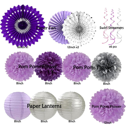 Purple Silver Birthday Party Decorations Kit with Happy Birthday Banner, Paper Lanterns, Streamers, Tissue Pom Poms, Honeycomb Flower Fans, Silver and Purple Balloons, & More for Women Girls' Party
