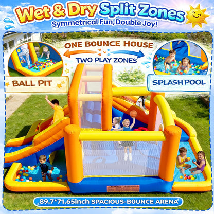 Baralir 16.5x11FT Heavy Duty Bounce House Water Slide Combo for Big Kids, Wet/Dry Split Play Zones, Kids Bounce House with 2 Independent Slides, 2 Climbing Walls & 2 Pools, 2 Crawl Tunnels