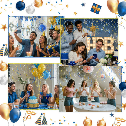 36Pcs Hanging Swirl Party Decorations Foil Decorations Ceiling Swirl Spiral Hanging Plastic Streamer for Ceiling Birthday Graduation Wedding Celebration Baby Shower Party Supply (Blue Gold Silver)