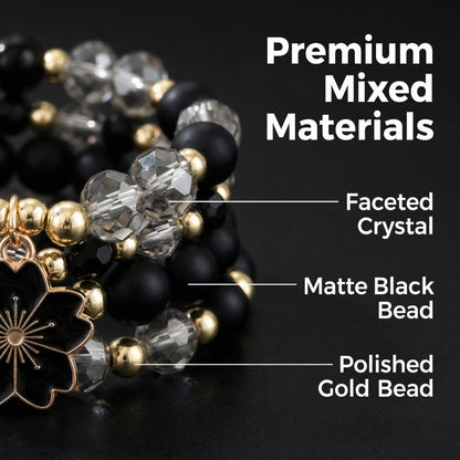 LOTSOF Boho Flower Beaded Bracelet Set for Women - Multilayer Crystal & Flower Charm Stackable Bracelets, Fashion Jewelry Gift for Her (Black)