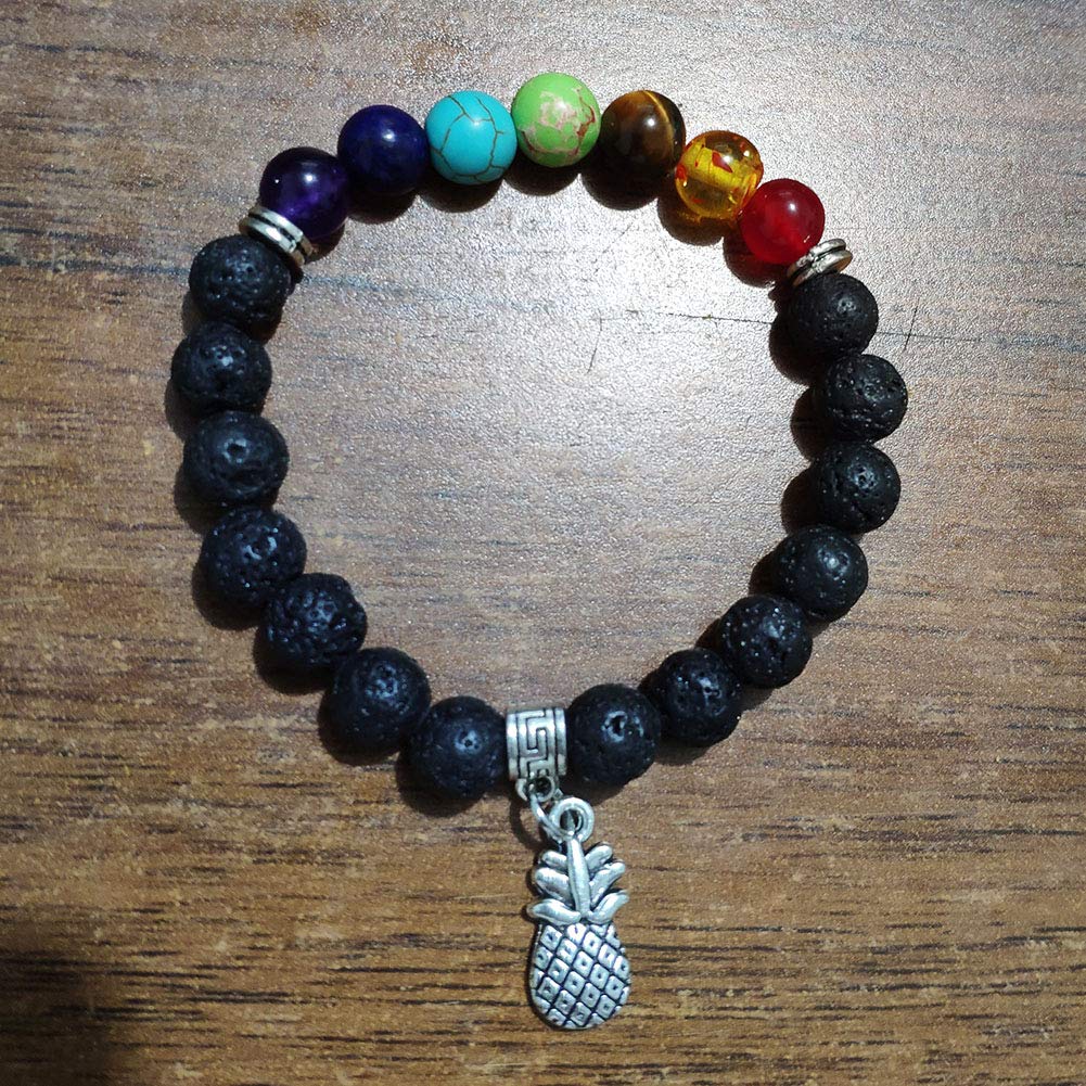 JczR.Y Seven Chakra Gemstone Bracelet Handmade Lava Rock Stone Beads Bracelet Stretch Adjustable Pineapple Charm Natural Healing Crystal Stones Yoga Prayer Fashion Jewelry(Lava Rock Chakras)