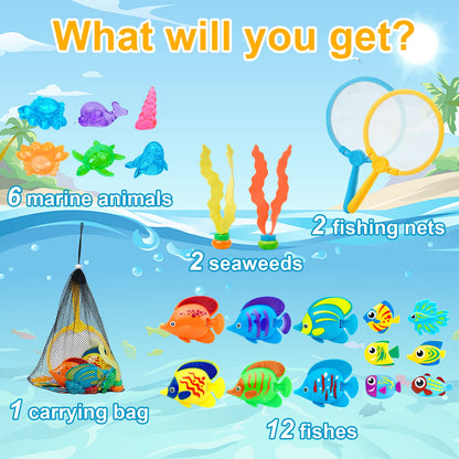 Korlon Tec 23 Pcs Pool Toys for Kids, Bath Toys Dive and Grab Fishing Game Set, Diving Toys for Summer Pool Swimming Bath Time