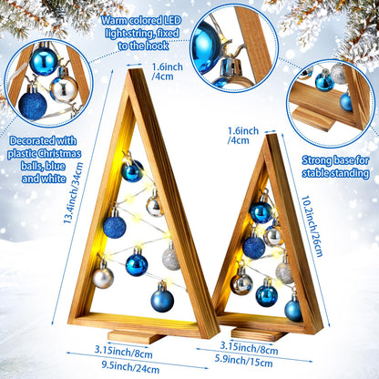 Hungdao 2 Pack Wooden Christmas Tree with Lights and Balls Modern Farmhouse Christmas Table Centerpiece Tabletop Decor for Winter Fireplace Mantle Shelf Home Decor(Blue, Silver)