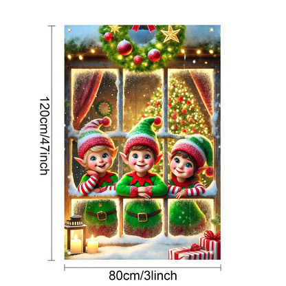 BlissYard Christmas Window Cover 31x47 Inch Elf Window Poster Decoration for Holiday Kids Room Indoor Xmas Wall Scene Winter Window Backdrop Display