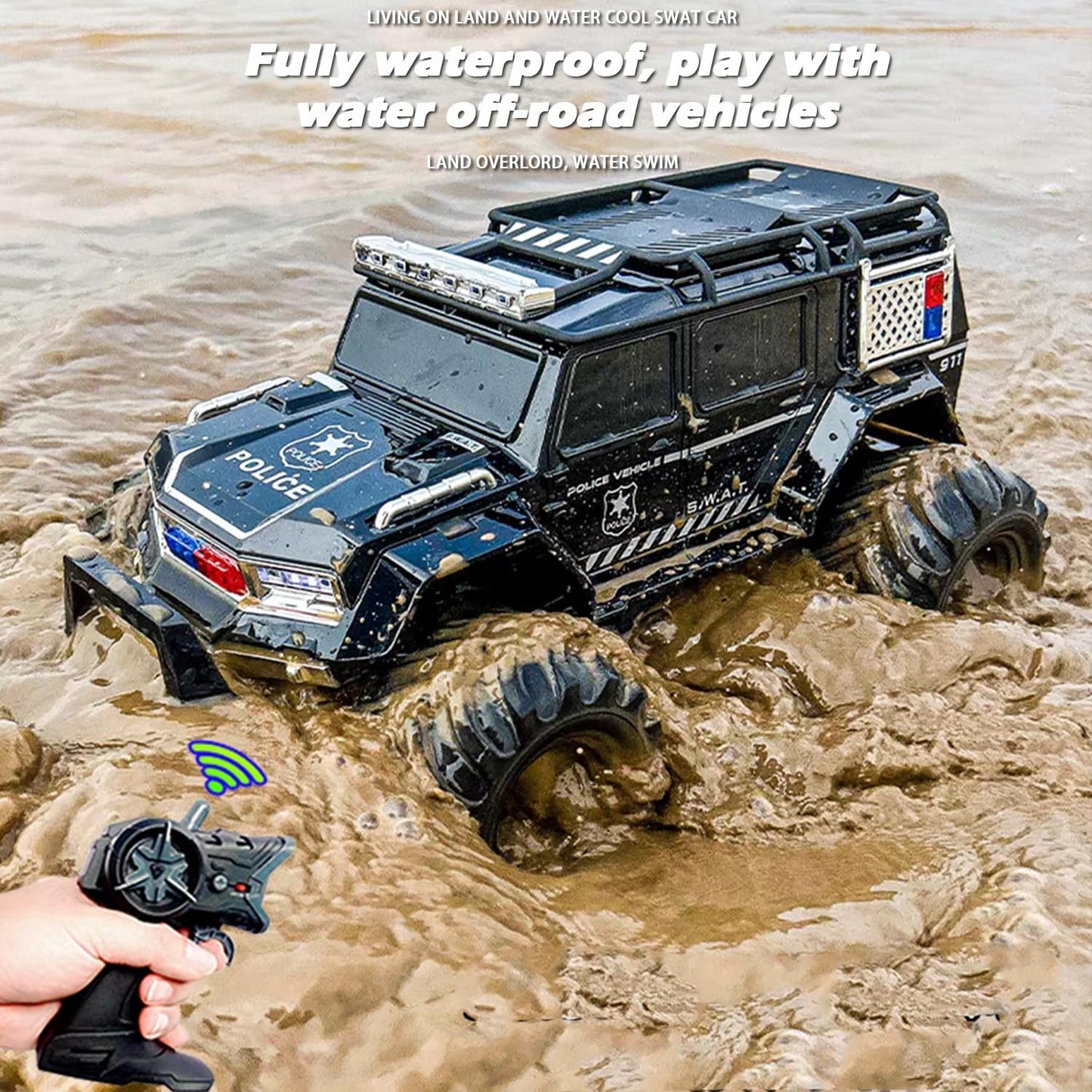 Amphibious Remote Control Car Waterproof Monster RC Cars 4WD All Terrain Off-Road Stunt Vehicle Toys with 2.4 GHz LED Lights for 6 7 8 9 10 11 12+ Year Old Kids Boys Girls Gifts Presents (Black)