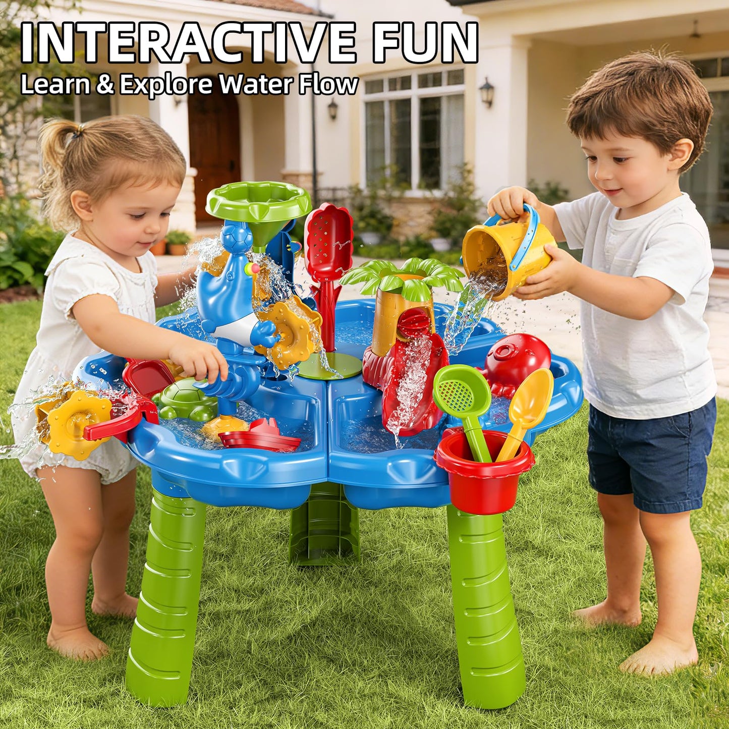 Kenthoris Water Table for Toddlers 1-3, Toddler Outdoor Toys Kids Summer Beach Backyard Pool Splash Activities Playsets, Water and Sand Activity Sensory Playset for Toddlers 1.5+ Years Old (8928)
