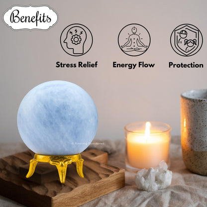 Amazing Gemstone Blue Calcite Crystal Ball with Stand - 2" Inches Crystal Sphere Meditation Balls for Witchcraft and Decorative Balls