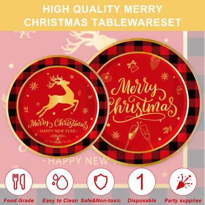 123PCS Christmas Party Supplies for 20 Guests Merry Christmas Themed Paper Plates Napkins Tablecloth and Banner Dessert Xmas Deer Party Decorations New Year Festival