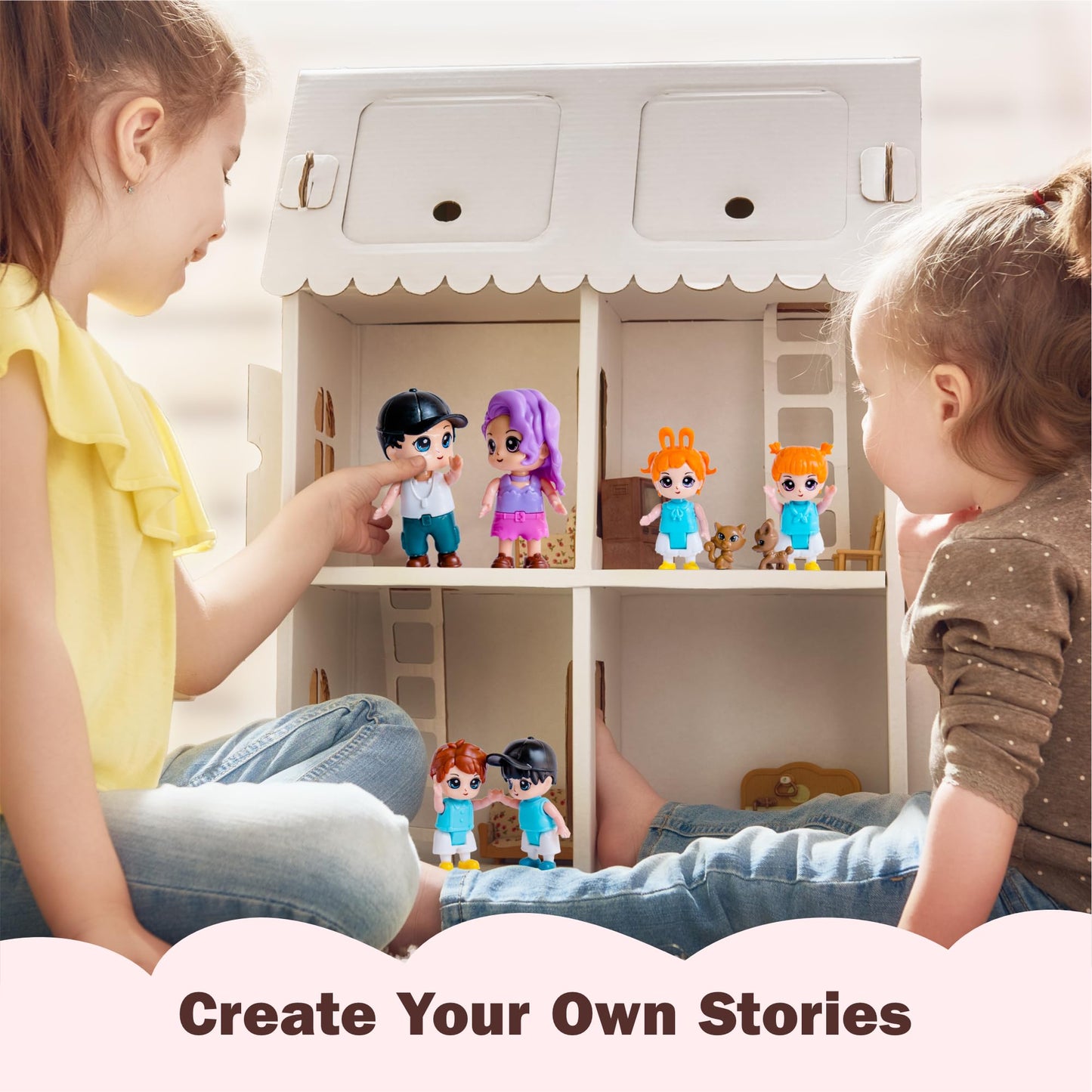 FUNERICA Dollhouse Family Figures & Pets – Poseable Family Dolls Playset – Miniature Dollhouse People for Doll House Accessories - Compatible with 1:12 & 1:24 Scale Wooden and Plastic Dollhouses