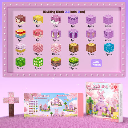 Kryzomat 100PCS Magnetic Blocks, Magnetic Building Blocks for Kids Age 4-8, Pink Princess Castle Toys for Girls, STEM Sensory Birthday Gift for Kids Age 3+ Years Old